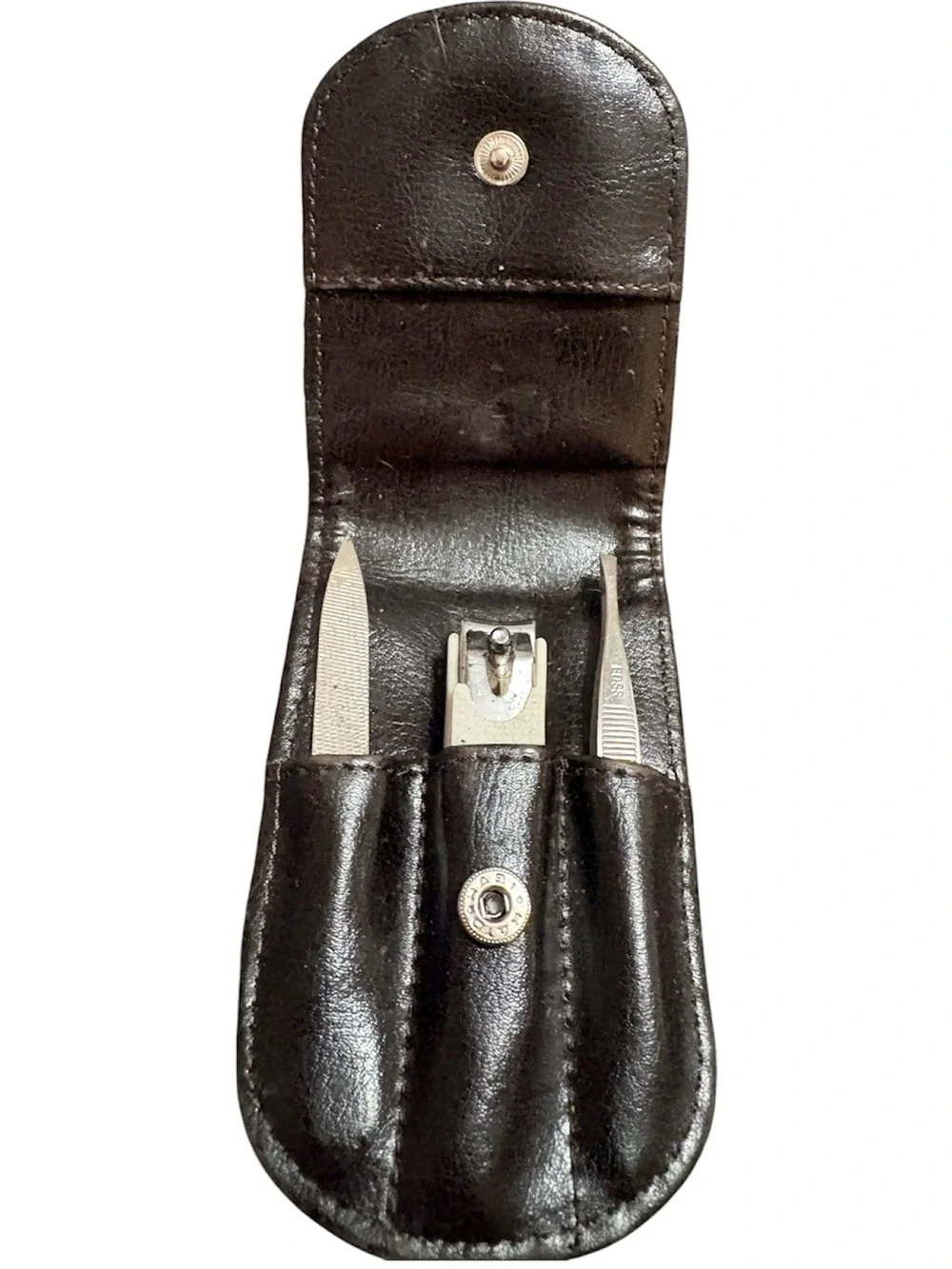 Brown & Black Leather Heart Manicure Case with Tweezers Clippers & File
